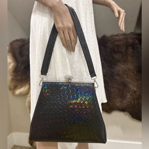Unique Iridescent Embossed Leather Handmade Push Lock Boxy Bag, Multi Use Style - Picture 1 of 17